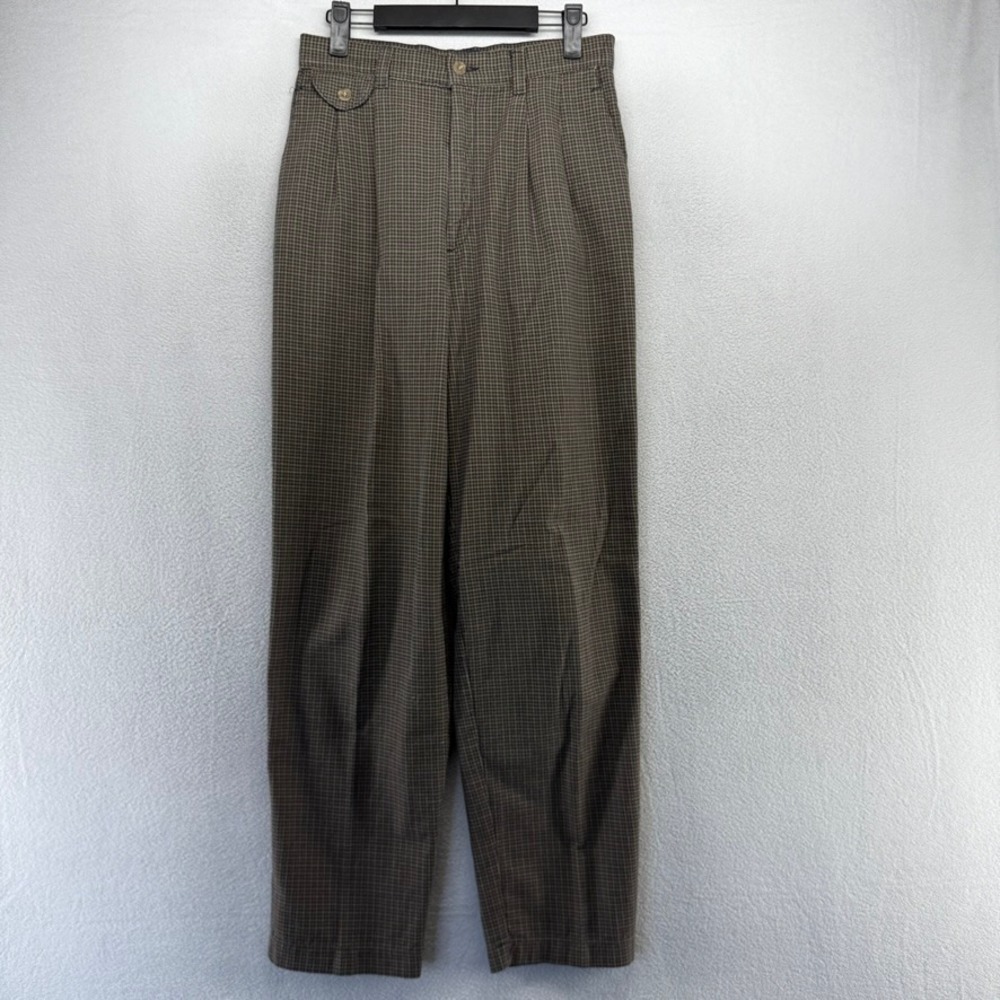 Vintage Lee Pants Women's 10 Brown Blue Houndstooth Plaid Pleated Baggy 90s